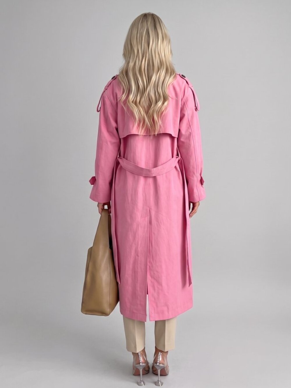 Women's Pink Oversized Belted Trench Coat Long Double Breasted Spring Jacket - Picture 2 of 4